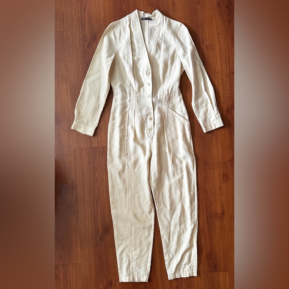 Zara Lightweight Cream Button Up Jumpsuit